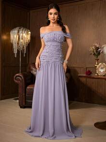Gaun Formal Panjang Lipit Berpayet Warna Blok Bahu Terbuka Elegan untuk Wanita, Gaun Pesta 2-in-1 yang Menawan dengan Hem Mengembang - Mauve Purple - View 4