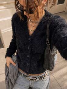 Women's Fall Winter Black Imitation Mink Knit Cardigan,V Neck Button Front Long Sleeve Sweater,Soft Daily Versatile Cardigan, Casual Vacation Outfit - Black - View 4