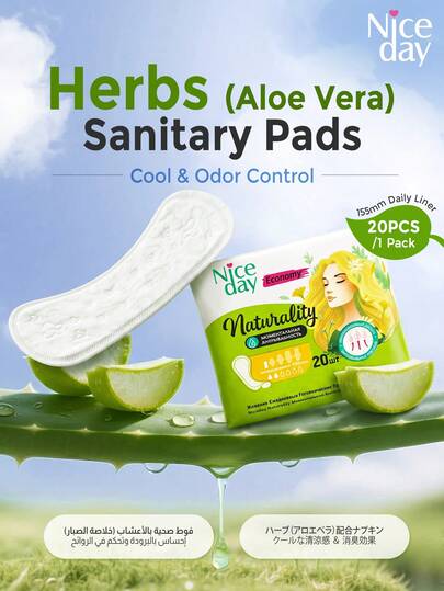 Niceday 20 piezas/Paquete Toallas sanitarias de Aloe Vera, Toallas higiénicas de hierbas de 155 mm, Toallas sanitarias de algodón suaves para uso diario, Refrescantes y cómodas, Adecuadas para el verano, Suaves y transpirables, No asfixiantes