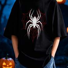 2026 Halloween T-shirt för pojke med spindeltryck, stor silhuett och kort ärm - Svart - Visa 1