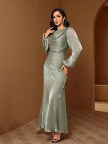 Women's Elegant Green Mermaid Gown, Decorated With Pearls, Long Bishop Sleeves, Ruched Corset, Suitable For Formal Evening Events - Mint Green - View 4