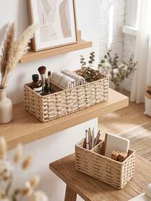 1pc Handmade Woven Decorative Storage Basket, Rattan Toilet Organizer Bin, 3-Tier Water Hyacinth Basket, Suitable For Bedroom, Bathroom And Living Room, Multi-Functional Storage Bin, Can Be Used For Gifts, Back To School Supplies, Autumn Decor, Halloween Costumes And Christmas Party Home Decor Storage - Khaki - View 4