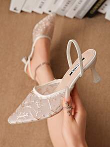 New Chinese Style White High Heel Women's Half-Slip Thin Heel Pointed Toe Lace Embroidered 2-In-1 Sandals - Beige - View 4