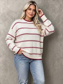 Chic Plus Size Women's Cream & Red Striped Knitted Sweater, Comfortable Round Neck Long Sleeve Loose Fit Drop Shoulder Top For Everyday Wear - White - View 5