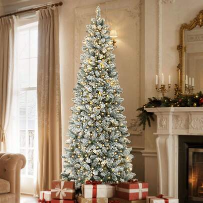 BALCONERA Albero di Natale sottile 229 cm innevato con 350 LED, forma a matita, 1000 punte, telecomando