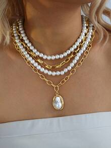 4pcs Simple Fashion Multi-Layer Faux Pearl Necklace Set For Women, Sisters, Holiday, Vacation, Party, Date, Gift, Daily Commute, And Personalized - Yellow Gold - View 2