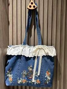 開學季刺繡包 森系甜美日系文青風 春夏新款復古蕾絲大容量托特包 蕾絲拼接女款單肩托特包 - 藍色 - 查看 4