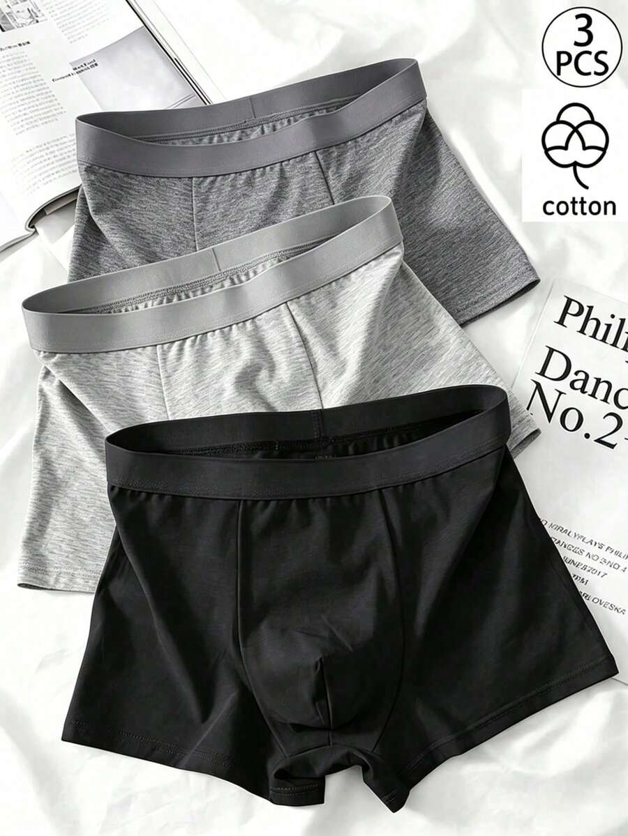 3pcs/Pack Men's Medium Stretch Solid Color Knit Fabric Breathable Comfortable Casual Boxer Briefs