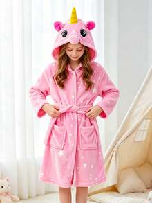 Tween Girl Pink Unicorn & Starry Sky Pattern Belted Sleep Robe - Multicolor - View 2