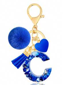 Cute A-Z Initial Keychain With Royal Blue Pom Pom, Heart And Tassel, Minimalist Personalized Key Chain For Women, Bag Charm, Daily Wear Accessory And Gift - Royal Blue - View 22