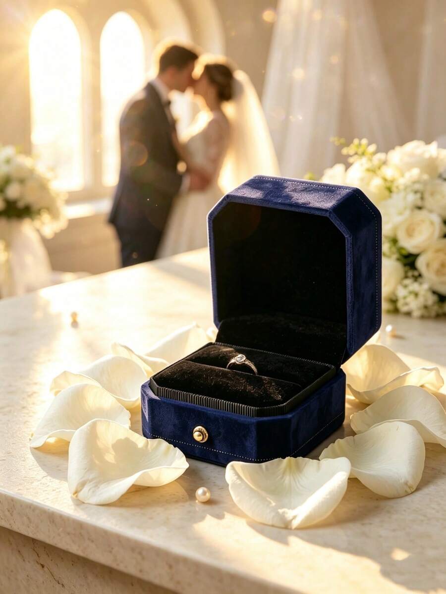 1pc Navy Blue Velvet Wedding Ring Box, Elegant Surprise Engagement Ring Cushion, Suitable For Bride, Romantic Ceremony Proposal Accessory, Used For Proposal, Engagement, Wedding Accessory And Wedding Decoration