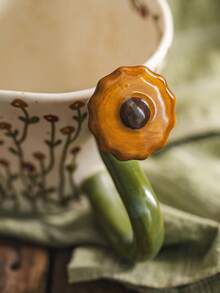 DearDali 1pc Hand-Painted Vine & Floral Ceramic Mug With 3D Flower Handle And Wavy Rim, French Vintage Pastoral INS Style Coffee Cup For Tea, Latte, Milk, Juice, Home Afternoon Tea, Creative Holiday Gift - Multicolor - View 10