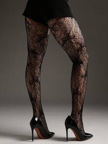 1 Pair Curve Tights Elastic Fishnet Hollow-Out Jacquard Pantyhose Women's Fashion Sexy Black Stockings Vintage Gothic Style Versatile Leggings Halloween Outfit Y2K - Black - View 4