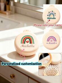 Customized Name, Mini Portable Brush, Built-In Folding Mirror, Air Cushion Massage Comb, Compact Design, Convenient For Travel, Durable Plastic Material, Back-To-School Season - Multicolor - View 7