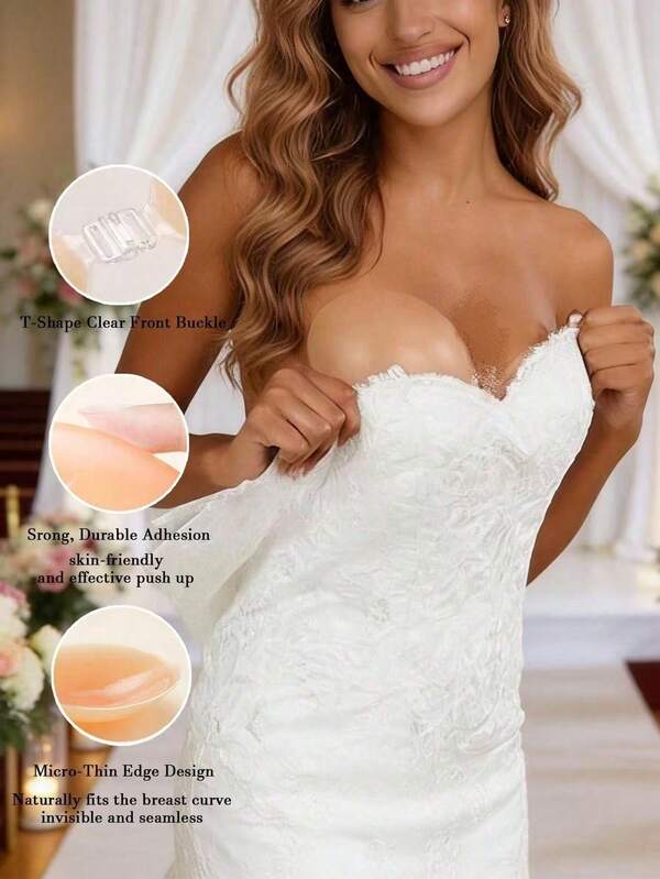 1 Pair Strapless Bra Set/Invisible Transparent Strap Push-Up Silicone Bra, Reusable Invisible Bra, Silicone Push-Up Pads, Suitable For Daily And Party Wear