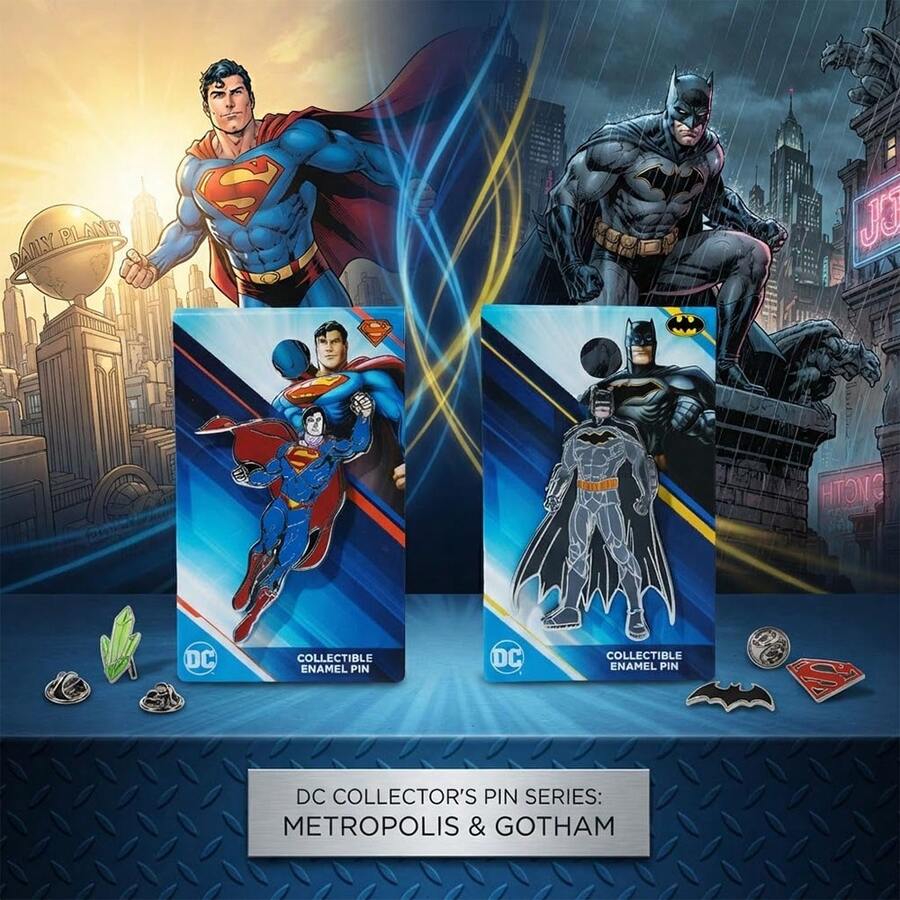 Monogram Warner Bros 1 قطعة دبوس بروش معدني مطلي بالمينا بشخصيات باتمان وسوبرمان مرخص رسميًا من DC، إكسسوار للملابس لتزيين الحقيبة الظهر والجاكيت، هدية للعطلات - متعدد الألوان - مشاهدة 1