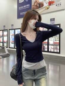 American Vintage Slim Fit Flattering V-Neck Colorblock Patchwork 2 In 1 Long Sleeve T-Shirt - Navy Blue - View 2
