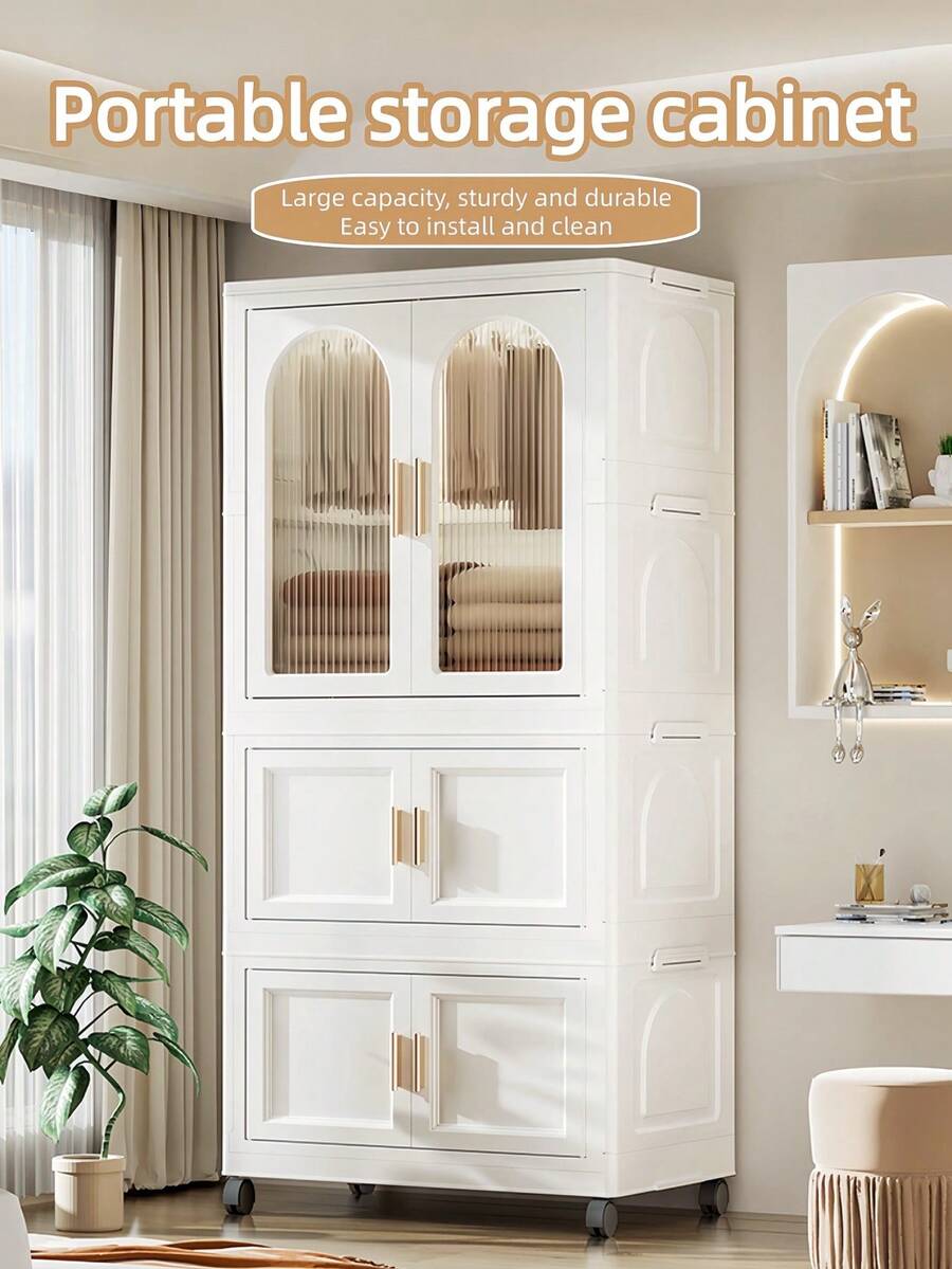 23.6inch Folding Children Wardrobe Closet, Large Capacity Stackable Children Storage Cabinet With Hanging Rod, Portable Foldable Clothing Organizer With Lid And Wheels, Formaldehyde-Free Baby Closet For Bedroom Nursery Apartment, Local Delivery