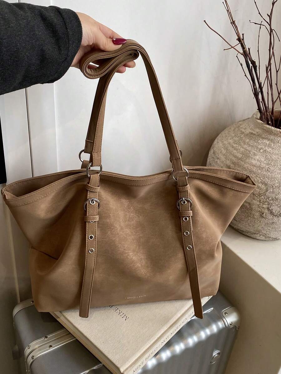 Large Capacity Tote Bag, Retro Style Faux Leather Handbag With Front Pocket For Work & Travel