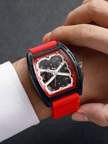 Men's Silicone Watch Classic Fashion Barrel-Shaped Personalized Gear Dial Handsome Sports Quartz Wristwatch (1pc/Set) Watch Box Not Included - Red - View 2