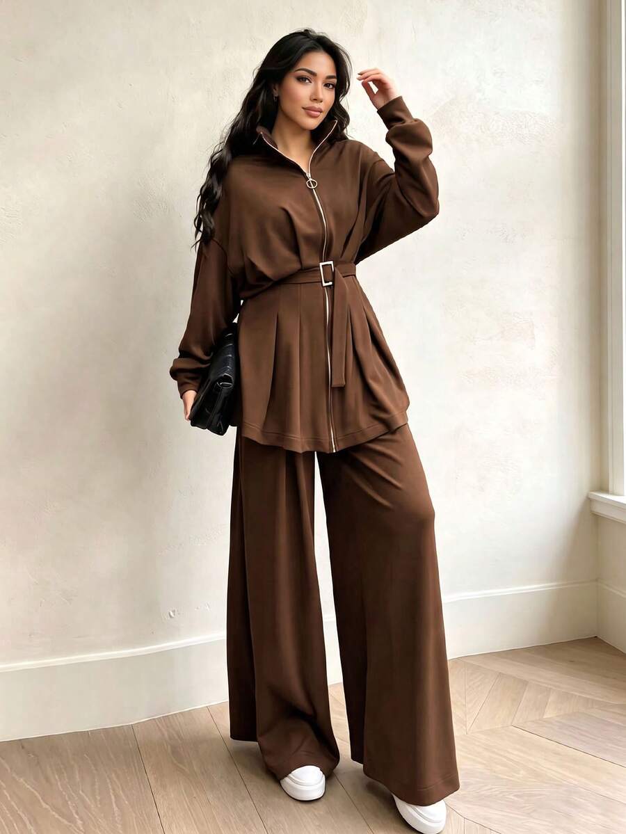 女款時尚優雅休閒拉鍊長袖上衣與高腰寬腿褲兩件套,附腰帶,春季棕色 - 棕色 - 查看 1