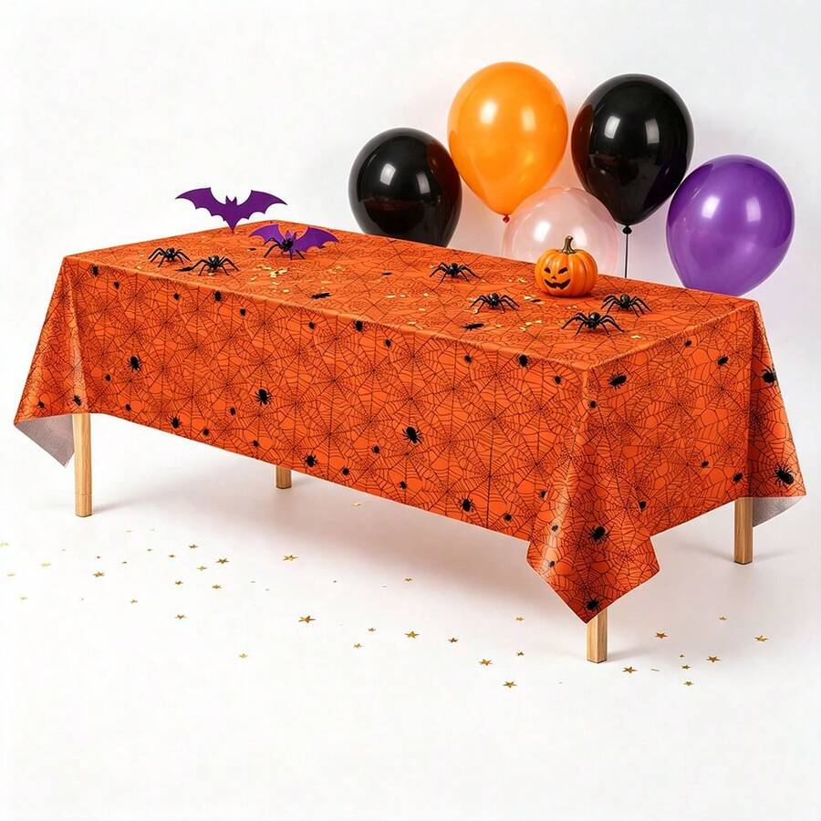Tablecloth, 3PCS/1PC Halloween Theme Orange Spider Web Rectangular Party Tablecloth, Plastic Disposable Halloween Spider Web Tablecloth, Day Of The Dead Outdoor Halloween Party Decoration (Orange) 54" X 108" - Orange - View 1