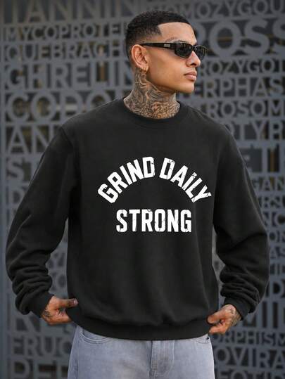 Men's Inspirational Letter Print Crew Neck Loose Fit Long Sleeve Pullover Sweatshirt Sports