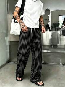 Straight Leg Men's Vertical Stripe Casual Elastic Waist Long Pants - Black - View 4