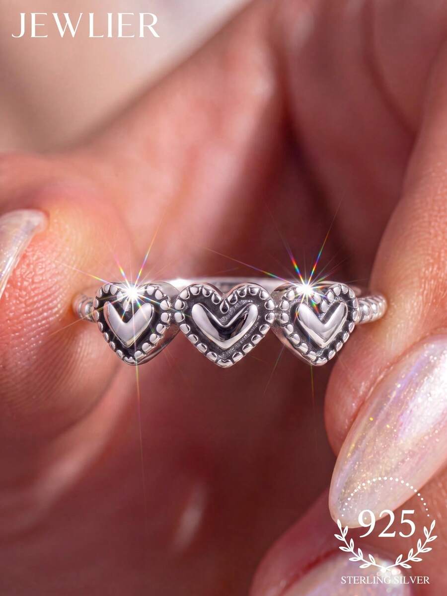 1pc 925 Sterling Silver Beaded Heart Ring, Multiple Sizes Available, Suitable For Cool Girls And Women, Ideal Choice For Date Gift Or Exquisite Jewelry