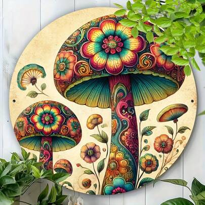 2D Flat - Vintage Round Iron Sign, Featuring 2D Flat Design Depicting "Flowers And Mushrooms", Perfect For Decorating Kitchen, Home, Restaurant, Bar, Cafe And Garage. Size 7.8X7.8 Inches, Ideal For Enhancing Room Decor