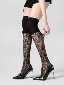 1 Pair Sweet Cool Y2K Hot Girl Style Over-The-Knee Socks, Contrast Lace Bow Long Tube Socks, Sexy Black Sheer Socks - Multicolor - View 8