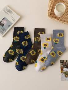 5 Pairs Japanese Style Sunflower Print Mid-Calf Socks For Women, Ins Vintage Floral Slouch Socks, Versatile Casual Breathable - Multicolor - View 2