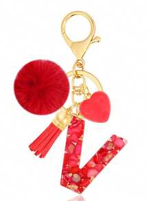 Cute Initial Red Heart Gold Foil Stone Tassel Pom Pom Keychain Resin Drip Glue Minimalist Personalized Key Chain For Women Bags Daily Wear And Gift - Red - View 24