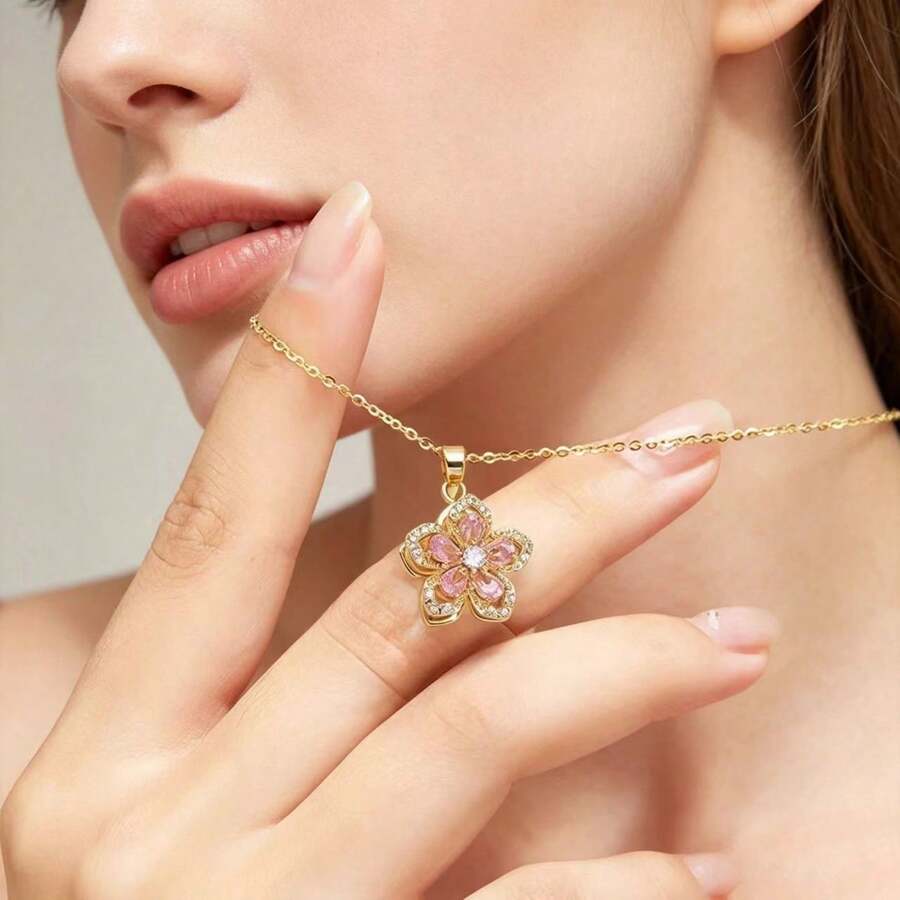 1pc Luxury Floral Rotating Pendant Rhinestone Necklace, Niche Design Sweet Collarbone Chain, Daily Atmosphere Matching Accessory - Rhinestone Flower - View 1