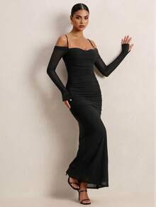 PARTHEA Gaun Maxi Mermaid Jala Hitam Elegan dengan Bahu Terbuka, Gaun Pesta Bodycon Berkerut dengan Tali Bahu Tipis dan Leher Bentuk Hati - Hitam - View 8