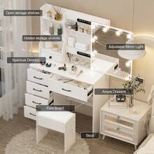 Teousev Dressing Table With LED Lights Mirror & Stool, Vanity Makeup Table With 5 Drawers, Open Storage Shelves, 3 Colour Adjustable Light, Lockable Drawers, White Cosmetic Desk For Bedroom - White - View 3
