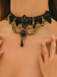 Lace Choker Necklace, Ins Gothic Dark Style Ruffled Cross Vintage Collar - Multicolor - View 1