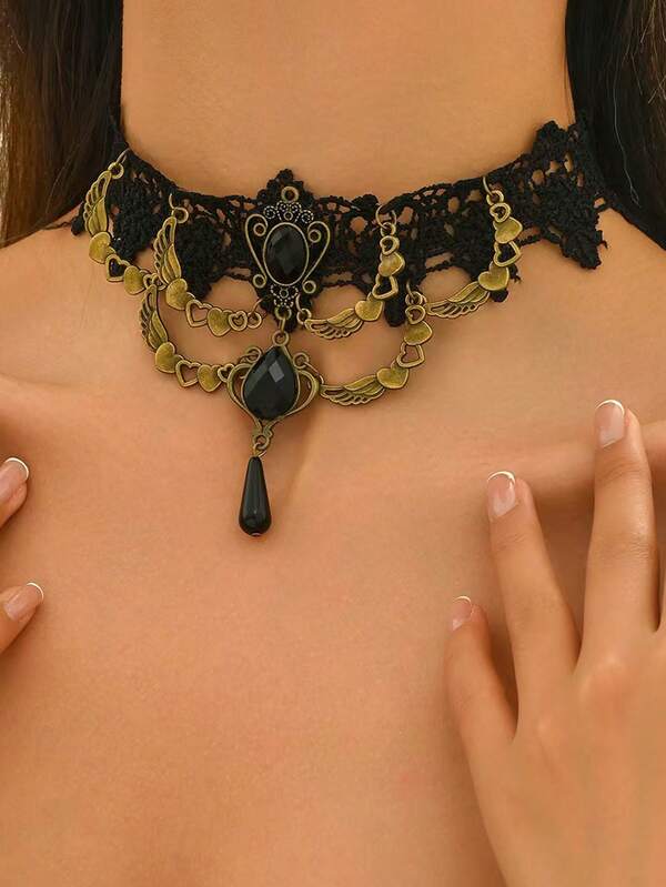 Collier ras-du-cou en dentelle, style gothique sombre Ins, col vintage à volants et croix