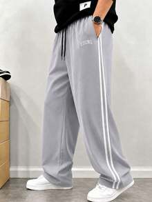 Men's Gray Striped Sweatpants, Sports Training Pants, Gym Pants, Comfortable Casual Pants, Open Hem, Side Stripe Design, Autumn Style - Light Grey - View 3