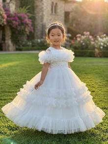 Tween Girl) White Off-Shoulder Flower Girl Dress, Ruffle Mesh Lace Bodice Multi-Layer Cake Long Skirt Children Princess Performance Dress - White - View 4