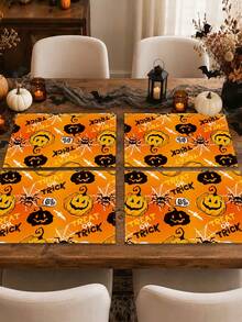 1pc Pumpkin Series Pattern Printed Table Runner, 4pcs Halloween Pattern Printed Placemats, Suitable For Holiday, Party, Birthday, Dinner, Kitchen Dining Table Decoration, All Season Room Decor, Home Textile Table Runner - Multicolor - View 10