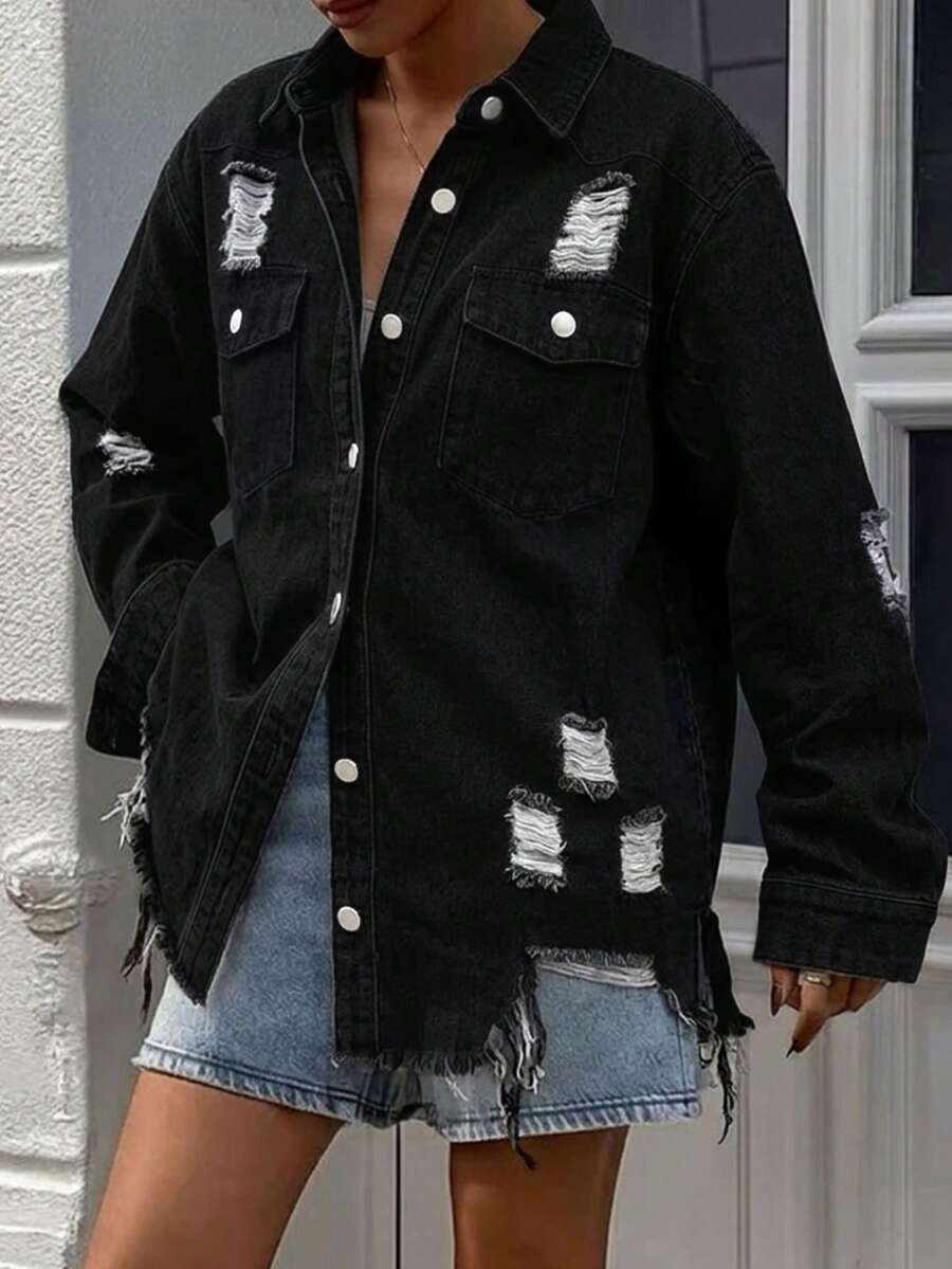 (Cotton Available) Women's Long Sleeve Single-Breasted Pocket Distressed Denim Jacket - Black - View 1