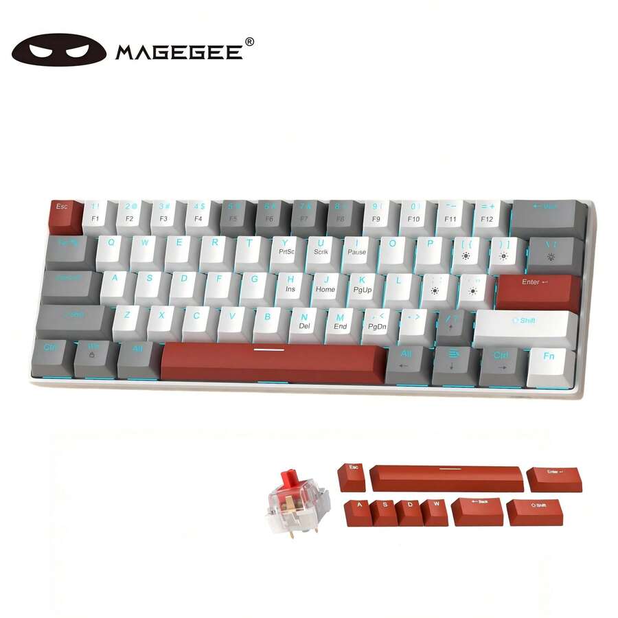 Magegee 1pc Star61 60% Mechanical Gaming Keyboard, Grey & White Mixed Color Keycaps, Red Switch, Detachable Type-C Cable Mini Keyboard, Blue Backlight, Compatible With Windows / PC / Laptop [Grey&White: Red Switch]