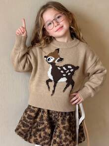 Sweater Lengan Panjang Motif Rusa Jacquard Kerah Bulat untuk Anak Perempuan Remaja - MultiWarna - View 1