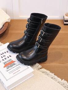 Girls' Brown Tall Riding Boots With Metal Buckle Side Zipper, Warm Long Boots For Autumn/Winter - Black - View 1
