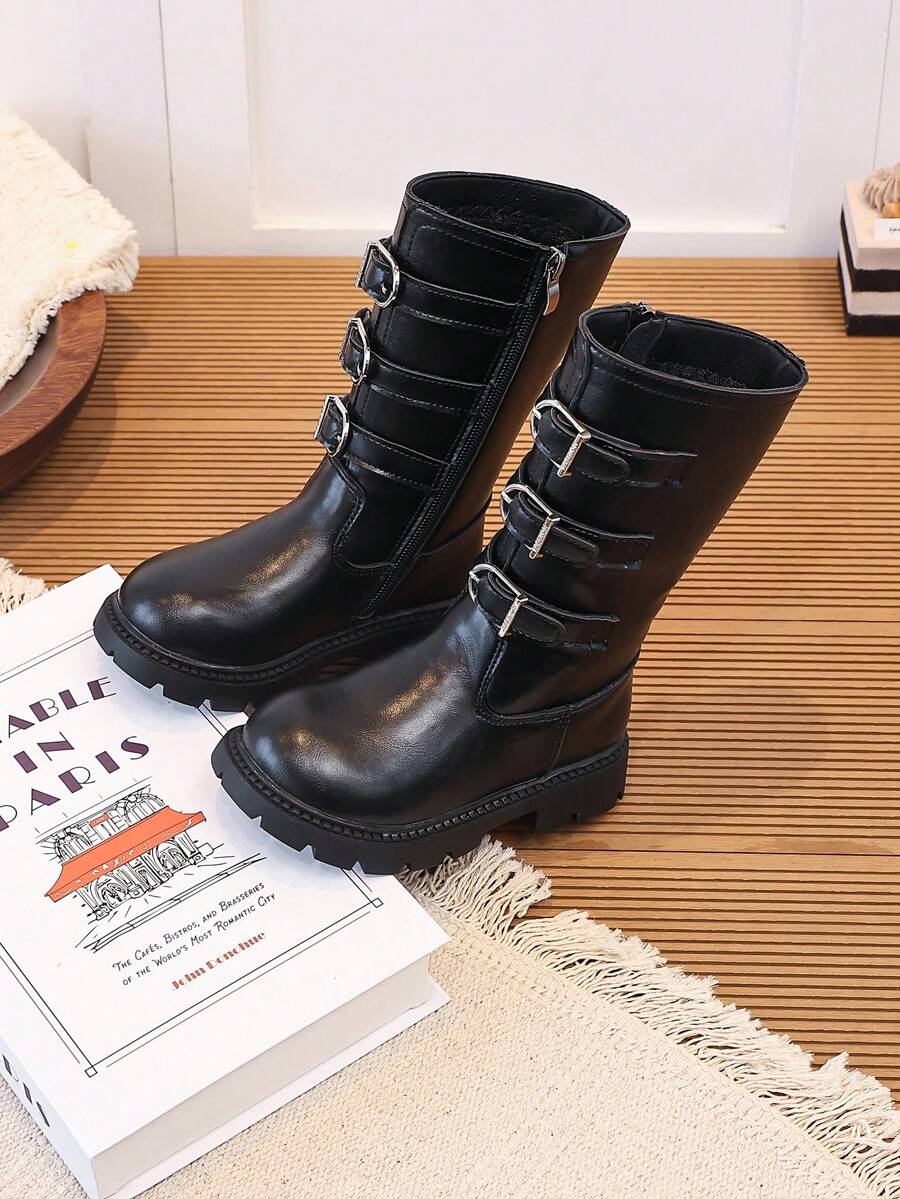 Girls' Brown Tall Riding Boots With Metal Buckle Side Zipper, Warm Long Boots For Autumn/Winter - Black - View 1