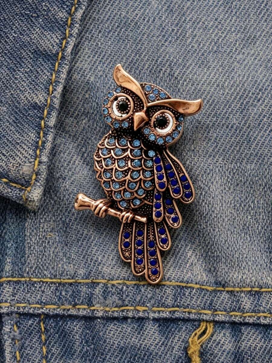 Bros Burung Hantu Antik, Dihiasi Batu Permata Biru, Bros Hewan Enamel, Aksesori Elegan Cocok untuk Halloween, Pesta, dan Pemakaian Sehari-hari - Biru - View 1