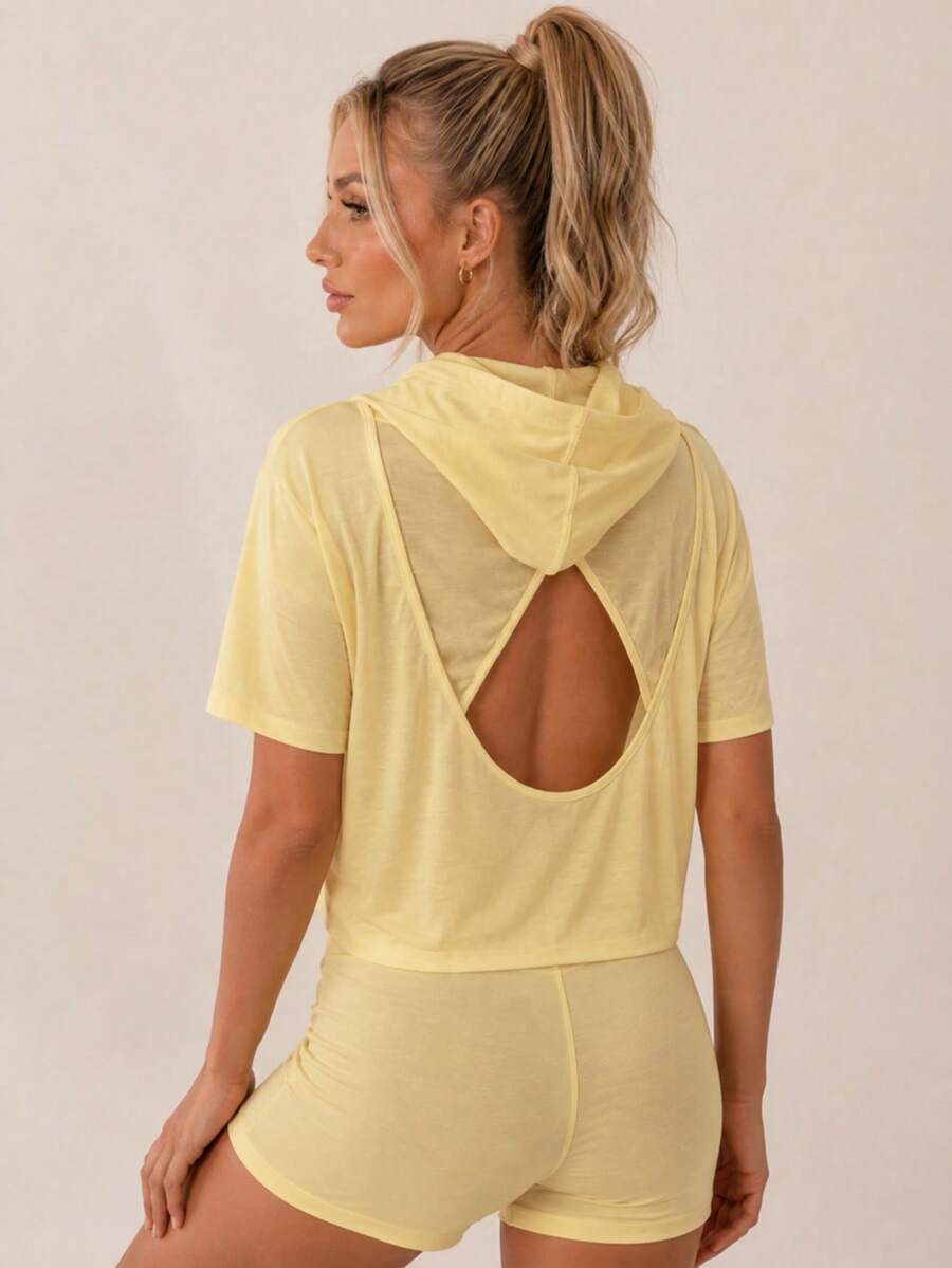 Sodalemon Women's Solid Color Hooded Deep U-Neck Backless Hollow-Out Drop Shoulder Drop Shoulder Short Home Cover-Up Top - Yellow - View 1