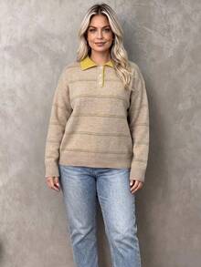 Plus Size Women's Casual Vintage Knit Polo Shirt, Button Design, Long Drop Shoulder Sleeves, Regular Length, Suitable For Daily Wear - Apricot - View 10