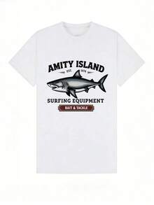 Camisetas para Hombre, Camiseta Casual de Manga Corta con Cuello Redondo, Suave con Estampado de Tiburón, para Verano y Actividades al Aire Libre, Camisetas para Mujer - Blanco - Ver 1